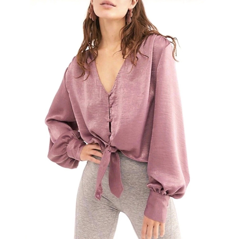 Free People Party Crasher Satin Long Sleeve Blouse Boho V-neck Flowy Shirt Top L